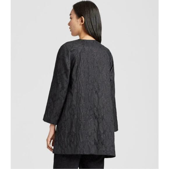 Eileen Fisher Shimmer Jacquard Long Open Front Jacket in Black Size M - Picture 2 of 13